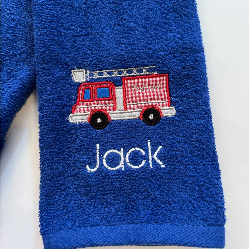 Personalized Blue Kids Hand Towel Set with Embroidered Firetruck and Dalmation